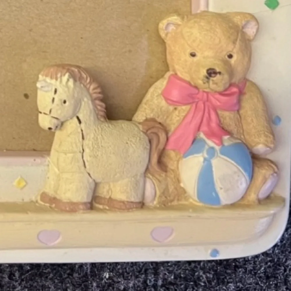 Kids Toys Picture Frame Holds 5x7 porcelain with Bear and Horse Cream 90s